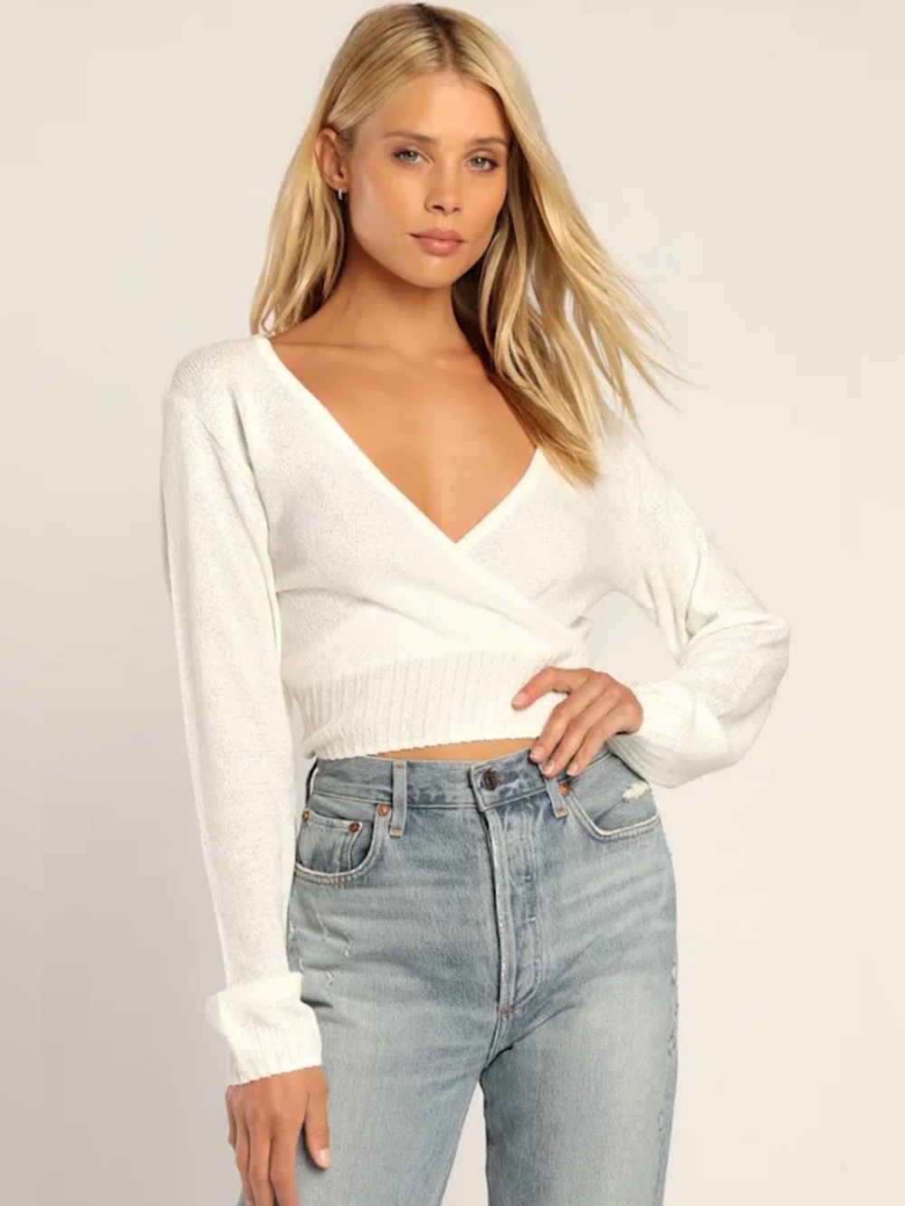 Lulus White Long Sleeve Surplice Sweater